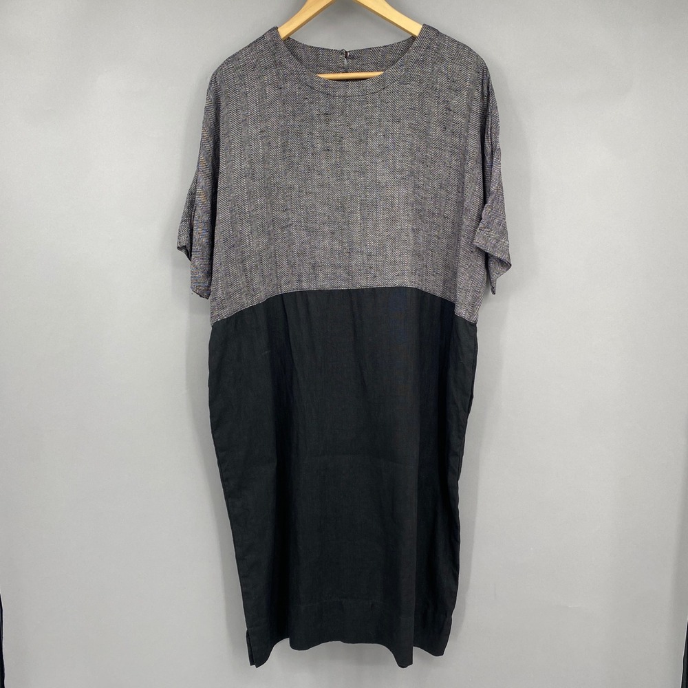 JURATE Axel Japan Linen Herringbone Colorblock Midi Dress Size 38 Lagenlook Mori